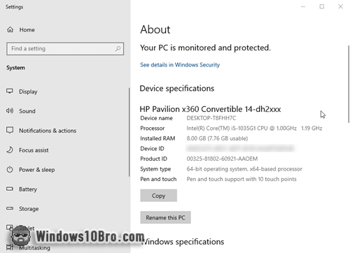 'About This PC' screen in Settings app