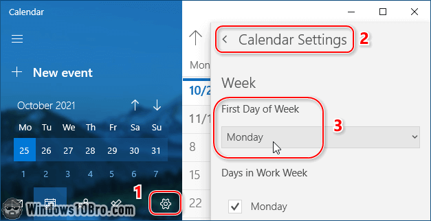 Change the first day of the week from the Calendar app