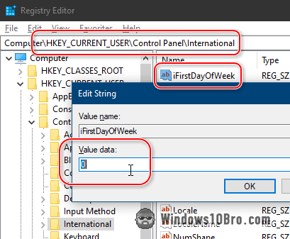 Change the first day of the week in the registry