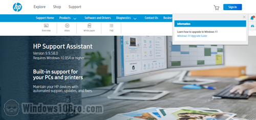 HP Support Assistant homepage