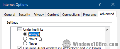 Internet Explorer link-underlining setting