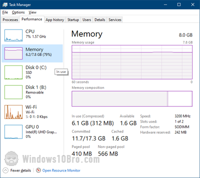 Memory usage in the Task Manager's performance tab
