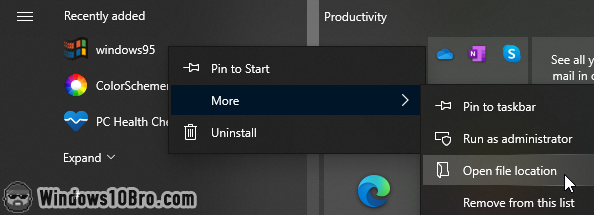 Right-clicking on an icon in the start menu