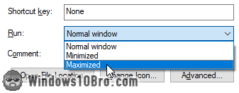 Select a default Run state of maximized