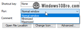 Select a window state for a taskbar shortcut