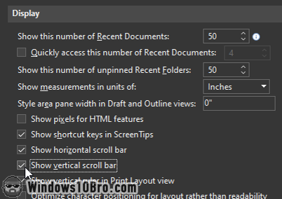 Show horizontal and vertical scrollbars in Office