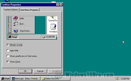 The default taskbar in Windows 95