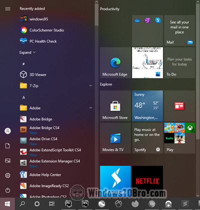 The desktop start menu in Windows 10
