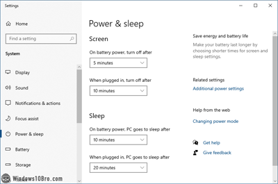 Windows 10 power and sleep settings window
