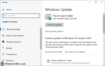 Windows Updates screen in Windows 10